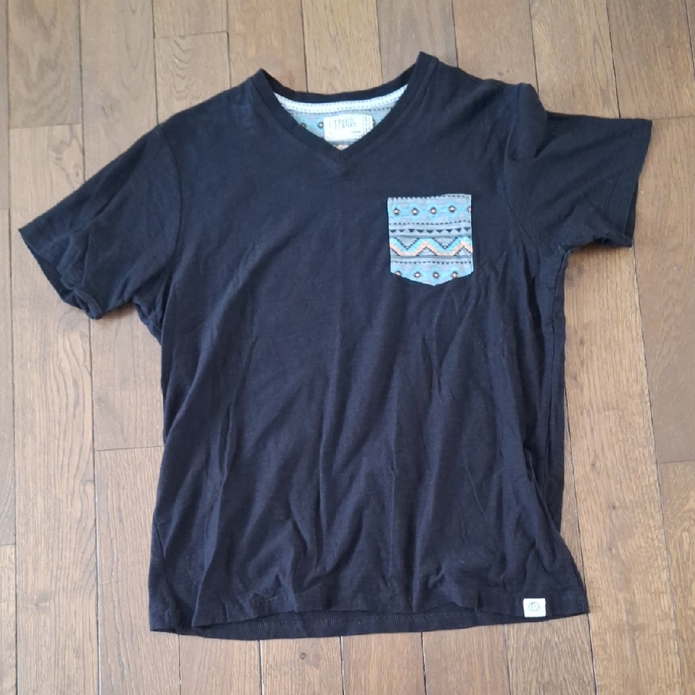 Free Planet Black V-Neck Tee with Turquoise and Orange Aztec Trim